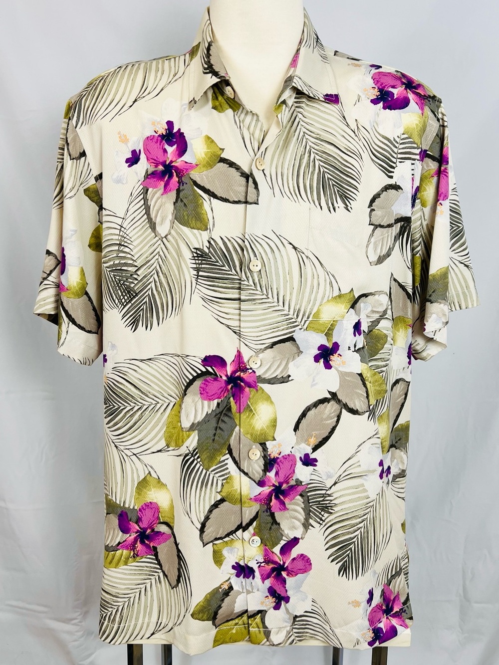 Tommy Bahama Cream Short-Sleeve Floral Button-Down Shirt with Purple Accents